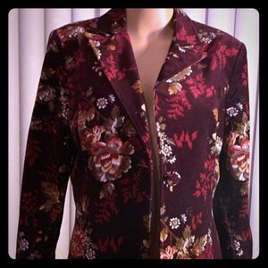 Jared Ross  Maroon Floral Collar Button Front 3/4 Roll Up Sleeve V Neck Jacket
